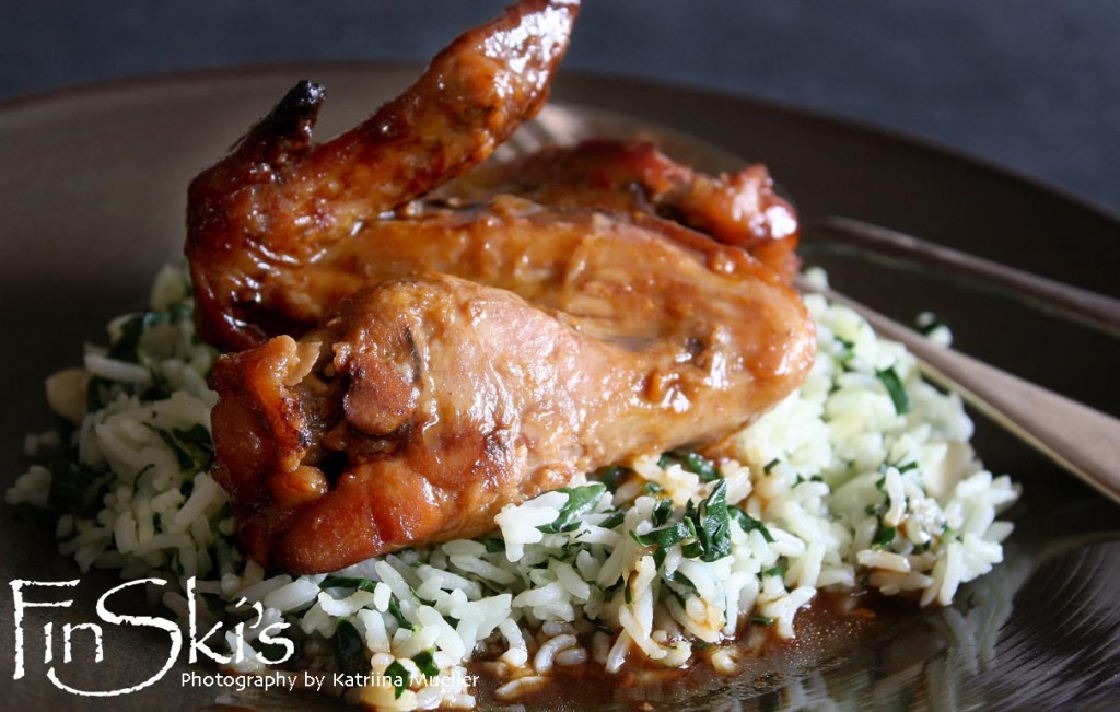 Sticky Chicken Wings w/ Spinach and Almond Rice