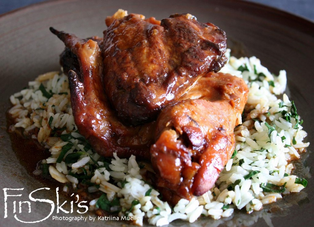 Sticky Chicken Wings w/ Spinach and Almond Rice