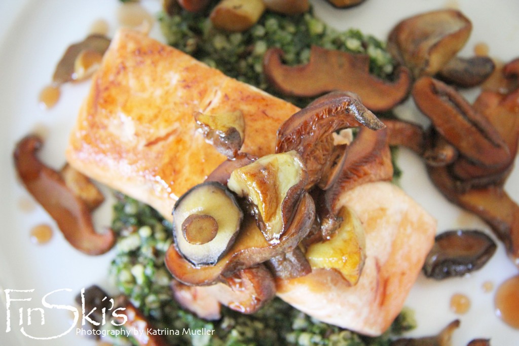 Warm Kale and Quinoa Salad w/ Seared Salmon and Wild Mushrooms