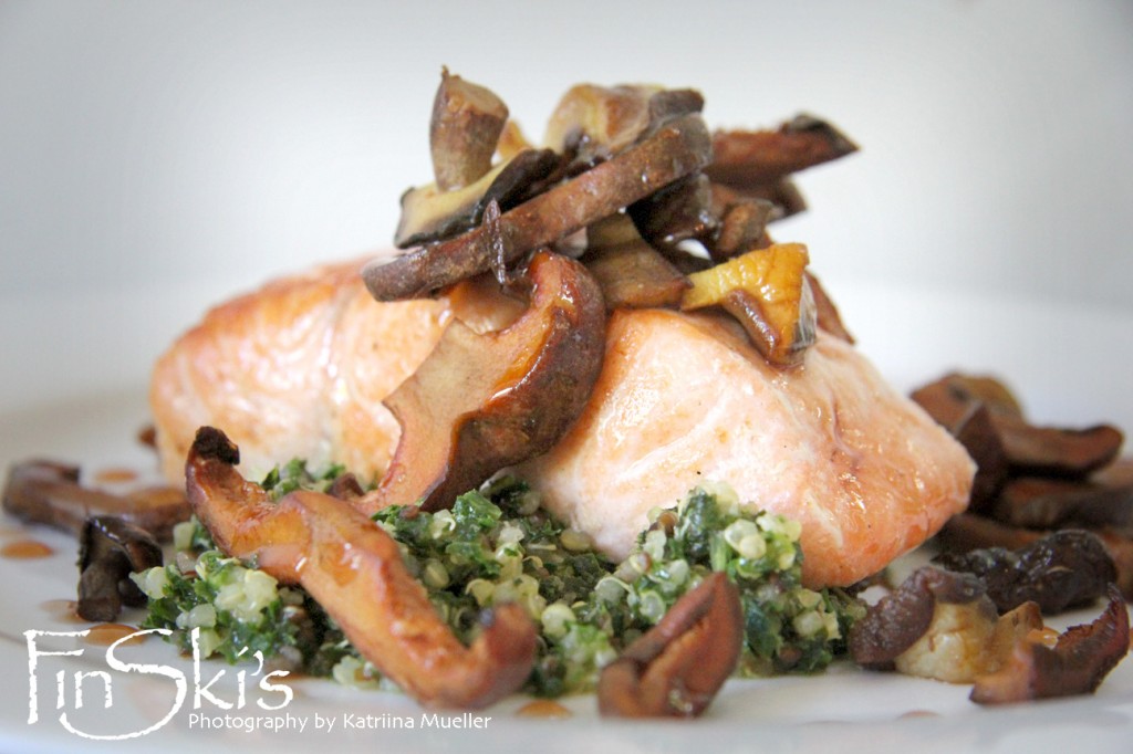 Warm Kale and Quinoa Salad w/ Seared Salmon and Wild Mushrooms