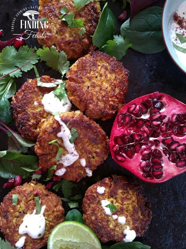 Roasted Curry Cauliflower Fritters w/ Sriracha Mayo & Pomegranate